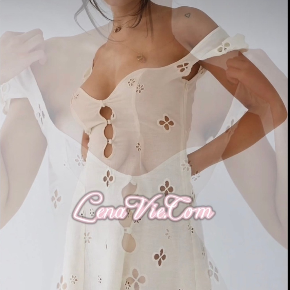 Dreamy Boho Eyelet Summer Sexy Mini Dress Accent Sleeves, Floral Cut Detailing - Picture 4 of 11